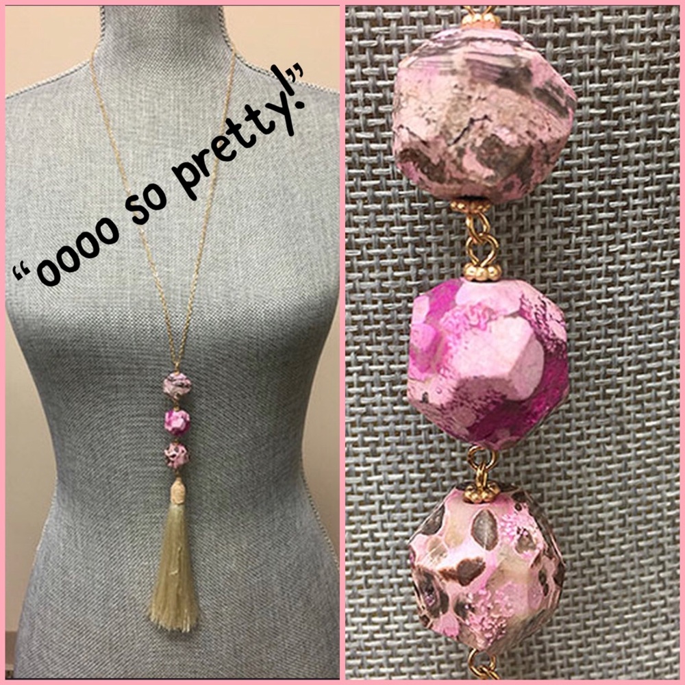 Long Tassel and Pink Triple Stone Necklace-Boutique